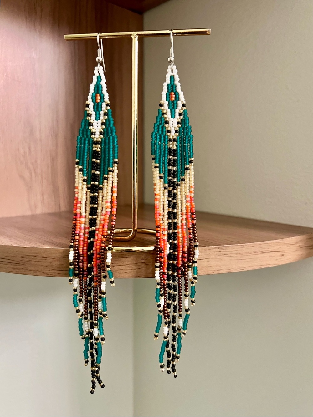 Handmade Teal and Coral Seed Bead Fringe Earrings